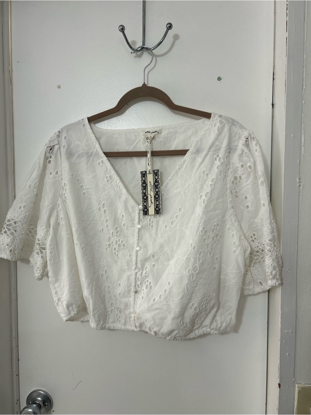 Ultra Pink White Eyelet Button-Front Blouse